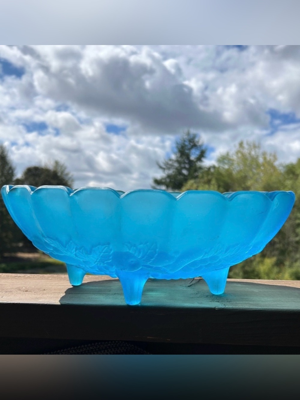 Vintage Indiana Glass Garland Fruit Pattern Frosted Blue Footed Bowl.